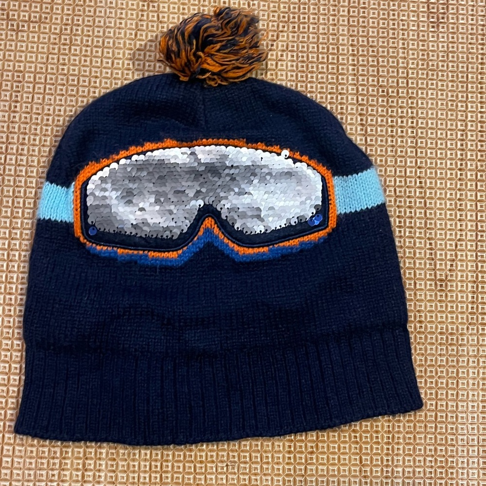 Kids' Navy Blue Pom-Pom Beanie with Sequin Goggles